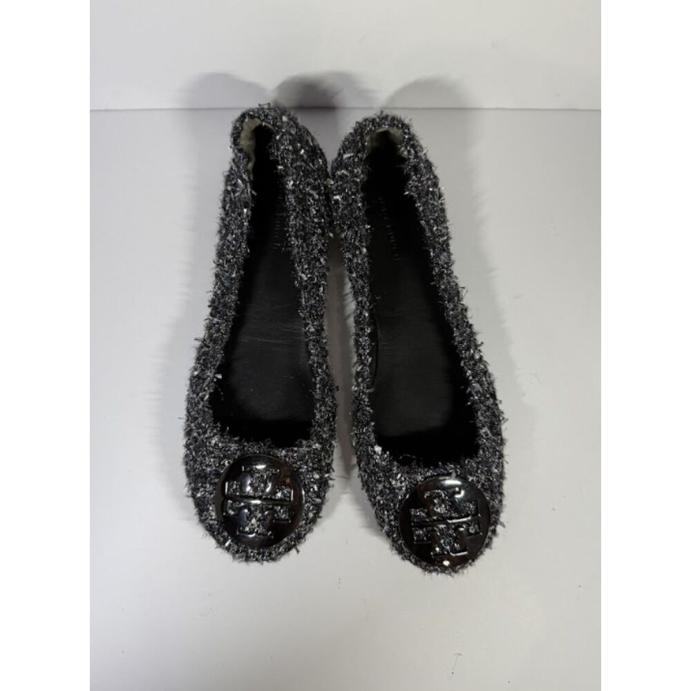 Tory Burch Minnie Travel Metallic Tweed Ballet Flats Black Silver Size 7.5